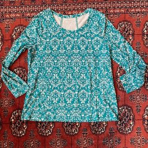 Kim Rogers L Aqua Floral Print Long Sleeve Stretch‎ Knit Top